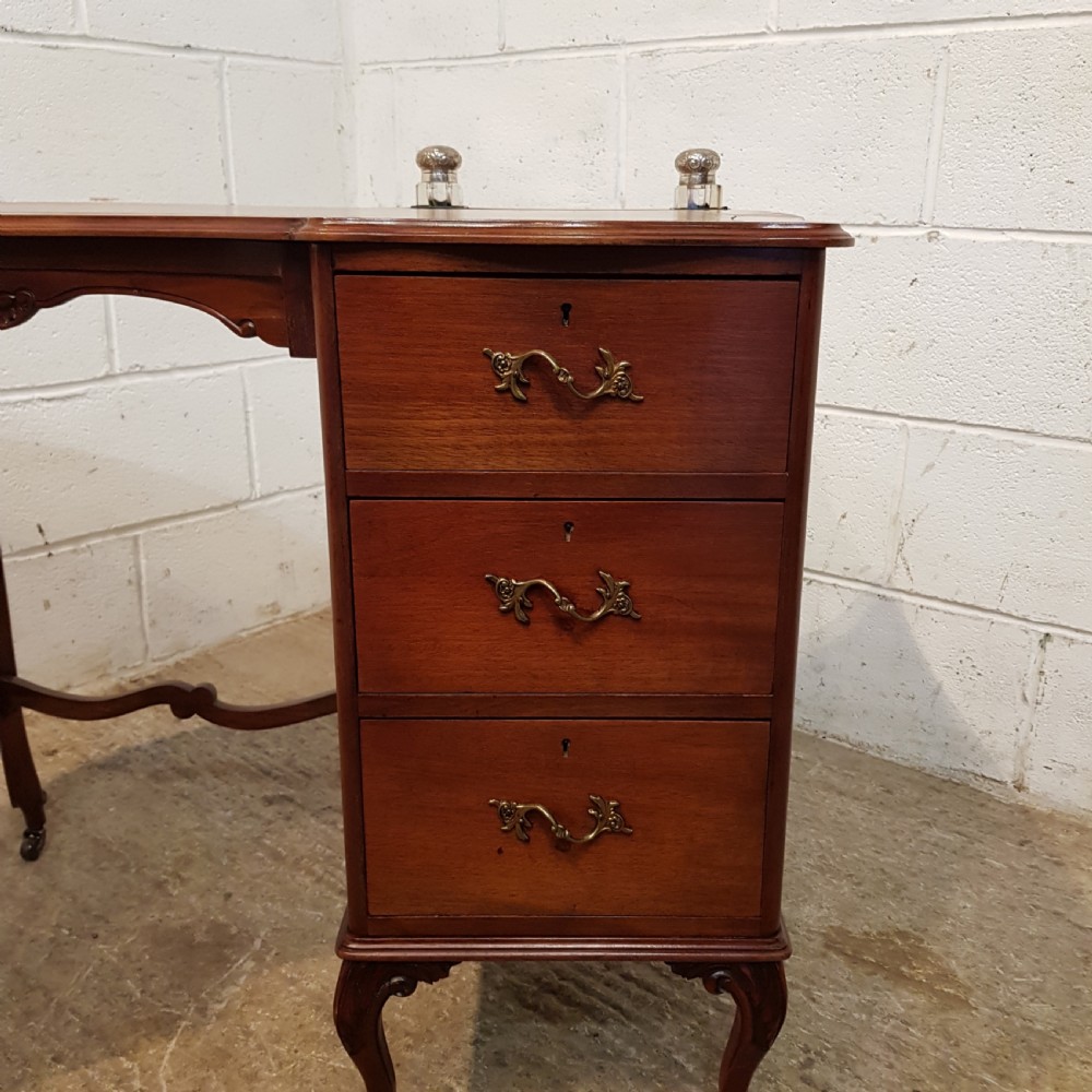 ANTIQUE ART NOUVEAU LEATHER TOP LADIES DESK WITH ORIGINAL SILVER INKWELLS C1890 View IV