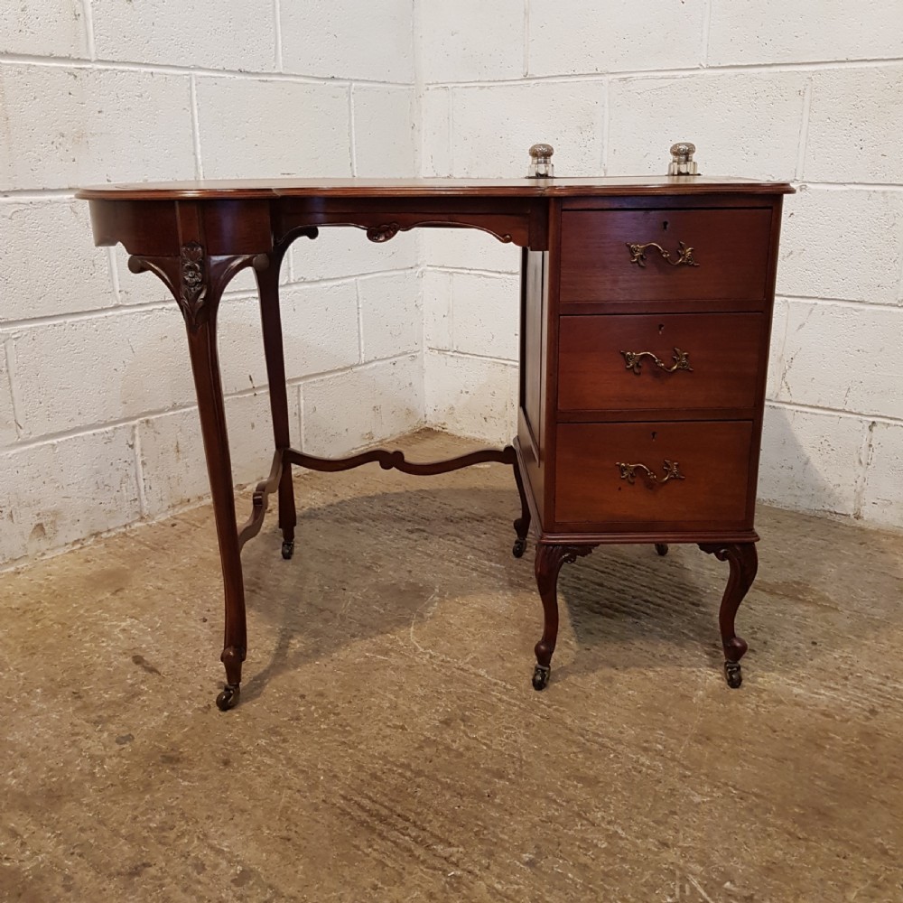 ANTIQUE ART NOUVEAU LEATHER TOP LADIES DESK WITH ORIGINAL SILVER INKWELLS C1890 View V