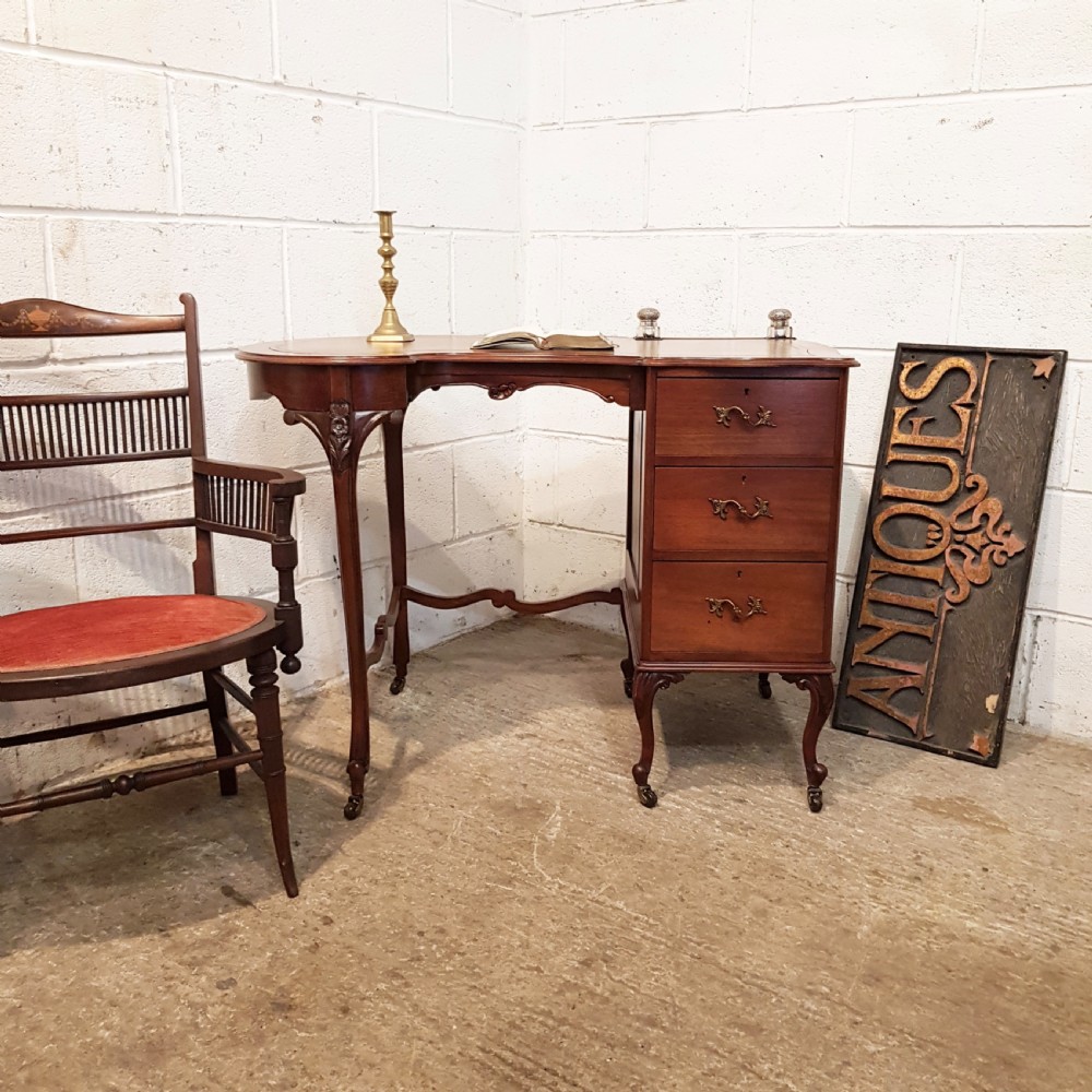 ANTIQUE ART NOUVEAU LEATHER TOP LADIES DESK WITH ORIGINAL SILVER INKWELLS C1890 View VI