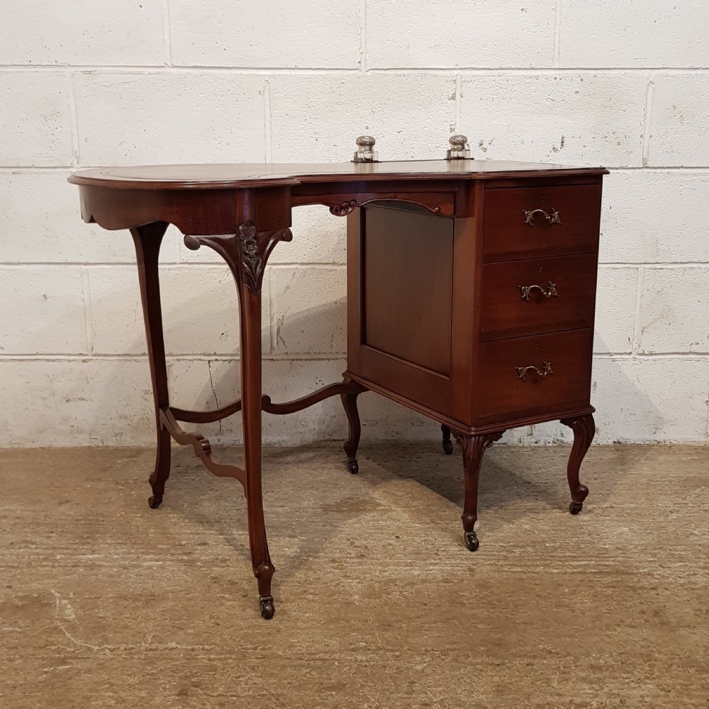 ANTIQUE ART NOUVEAU LEATHER TOP LADIES DESK WITH ORIGINAL SILVER INKWELLS C1890 View VII