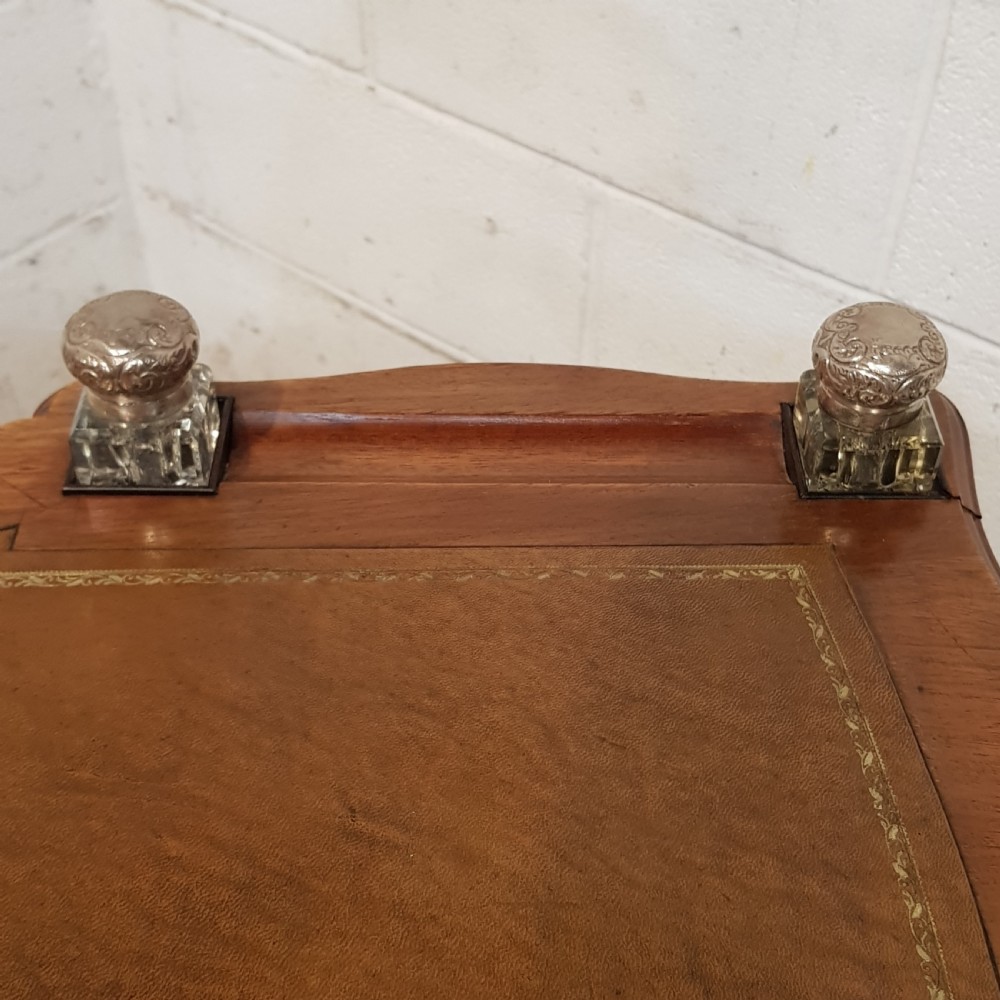 ANTIQUE ART NOUVEAU LEATHER TOP LADIES DESK WITH ORIGINAL SILVER INKWELLS C1890 View IX