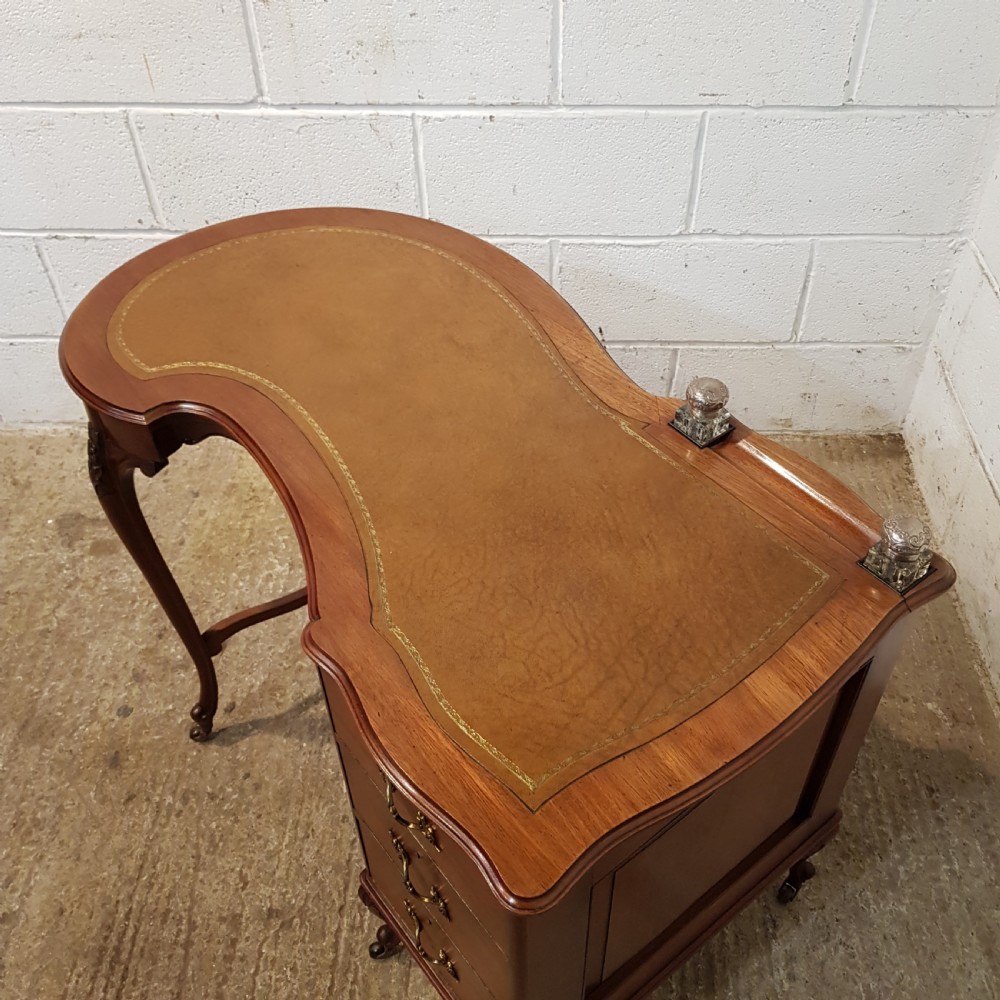 ANTIQUE ART NOUVEAU LEATHER TOP LADIES DESK WITH ORIGINAL SILVER INKWELLS C1890 View X