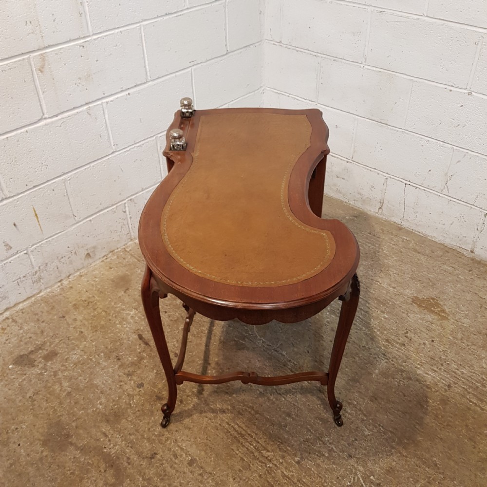 ANTIQUE ART NOUVEAU LEATHER TOP LADIES DESK WITH ORIGINAL SILVER INKWELLS C1890 View XI