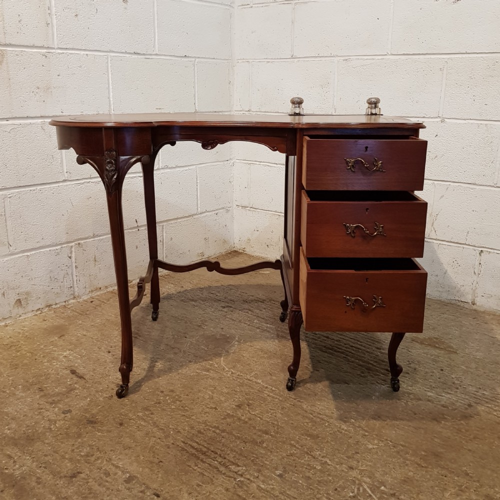 ANTIQUE ART NOUVEAU LEATHER TOP LADIES DESK WITH ORIGINAL SILVER INKWELLS C1890 View XII
