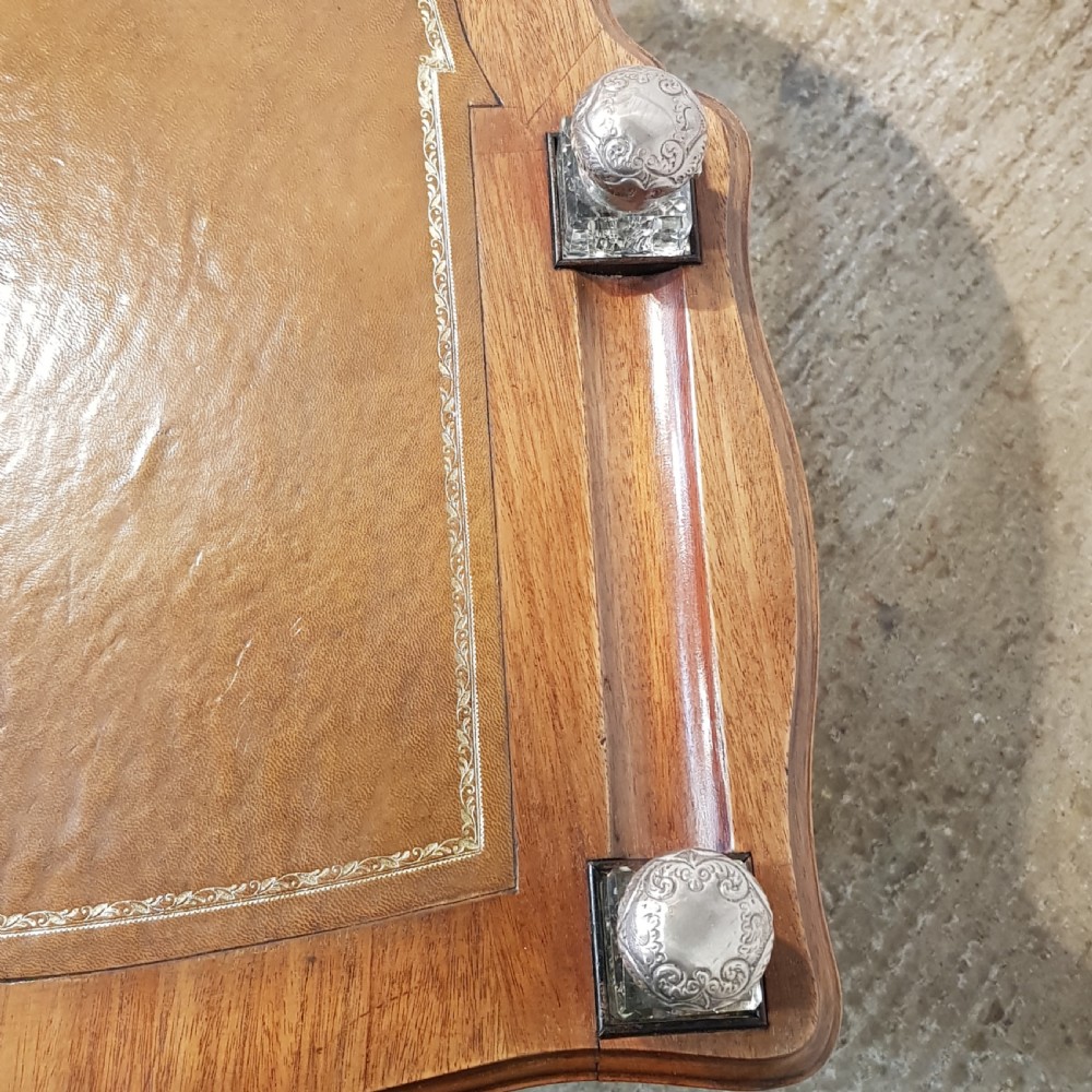 ANTIQUE ART NOUVEAU LEATHER TOP LADIES DESK WITH ORIGINAL SILVER INKWELLS C1890 View XIV