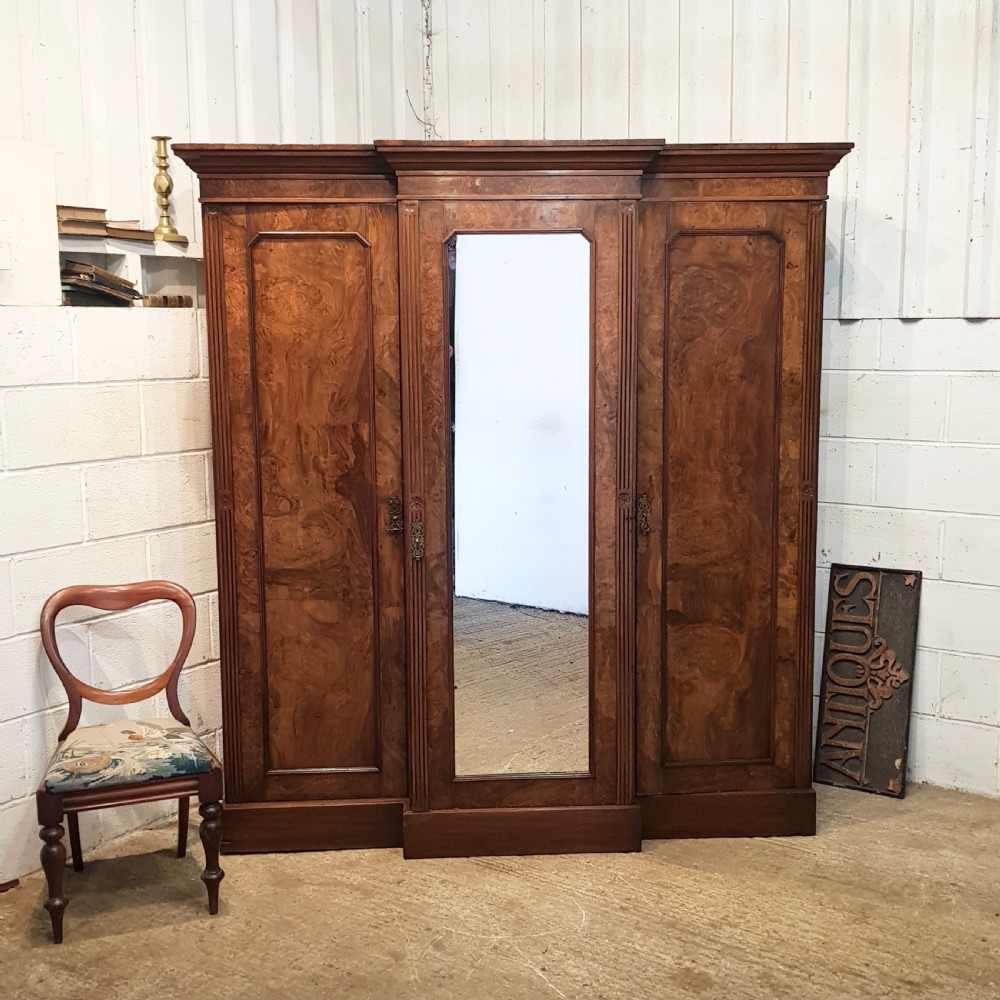 ANTIQUE BURR WALNUT TRIPLE BREAKFRONT WARDROBE C1880