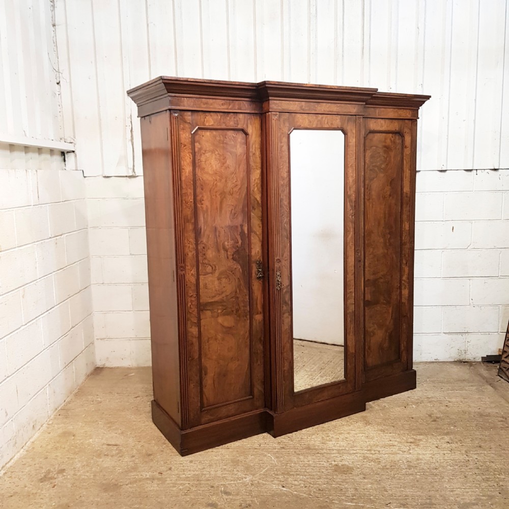 ANTIQUE BURR WALNUT TRIPLE BREAKFRONT WARDROBE C1880 View V