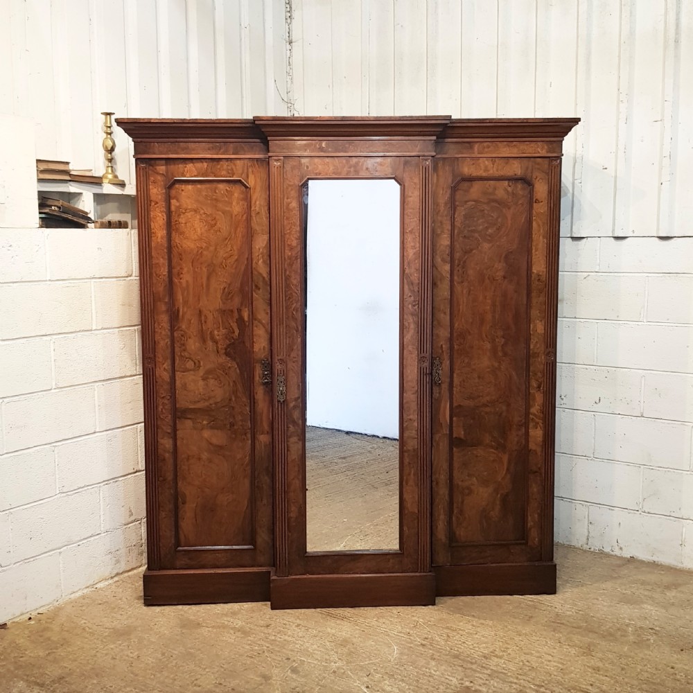 ANTIQUE BURR WALNUT TRIPLE BREAKFRONT WARDROBE C1880 View VI