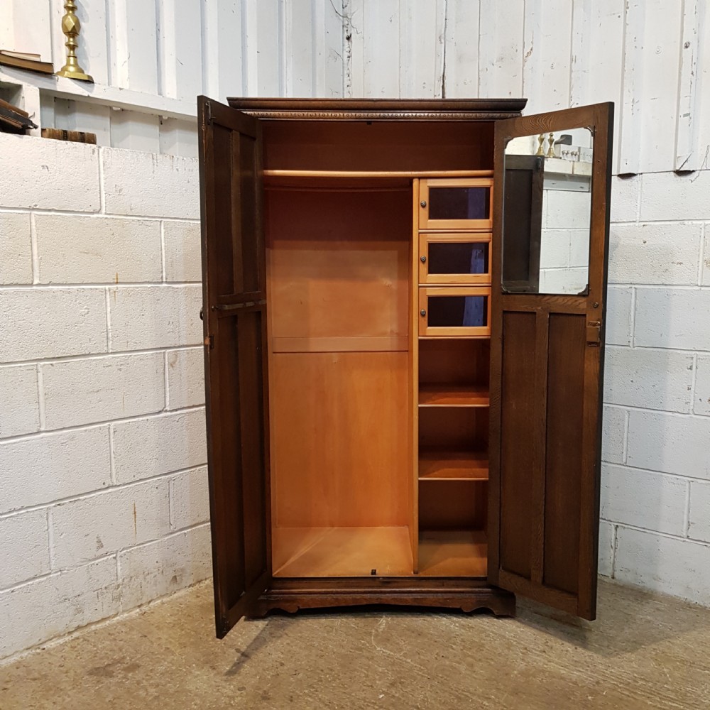 ANTIQUE CARVED OAK LINEN FOLD FITTED DOUBLE WARDROBE C1920 View II