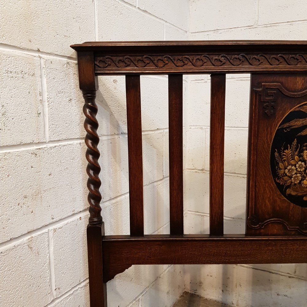 ANTIQUE CARVED OAK DOUBLE BED WITH JAPANNED OVAL PANELS C1920. View II
