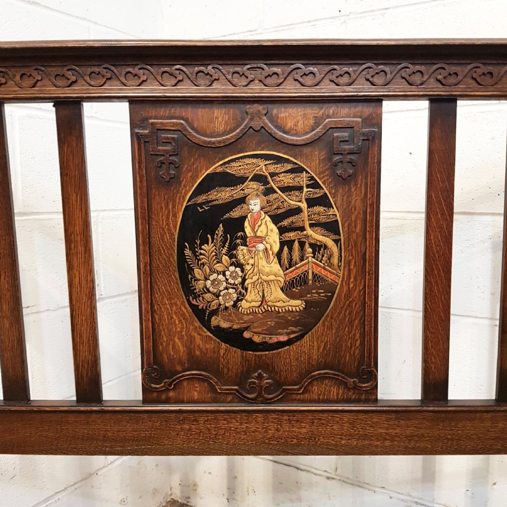 ANTIQUE CARVED OAK DOUBLE BED WITH JAPANNED OVAL PANELS C1920. View III