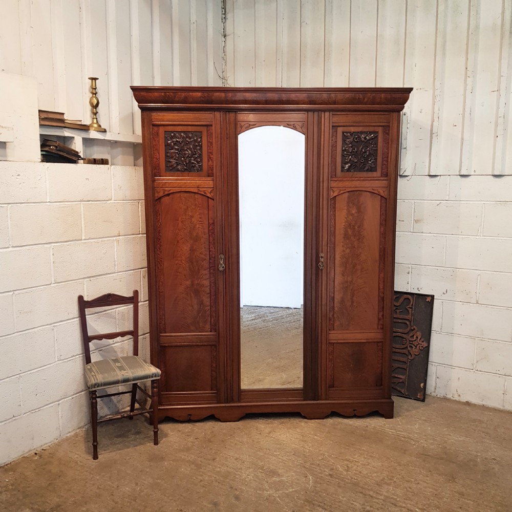 ANTIQUE LATE VICTORIAN BURR WALNUT TRIPLE WARDROBE C 1890