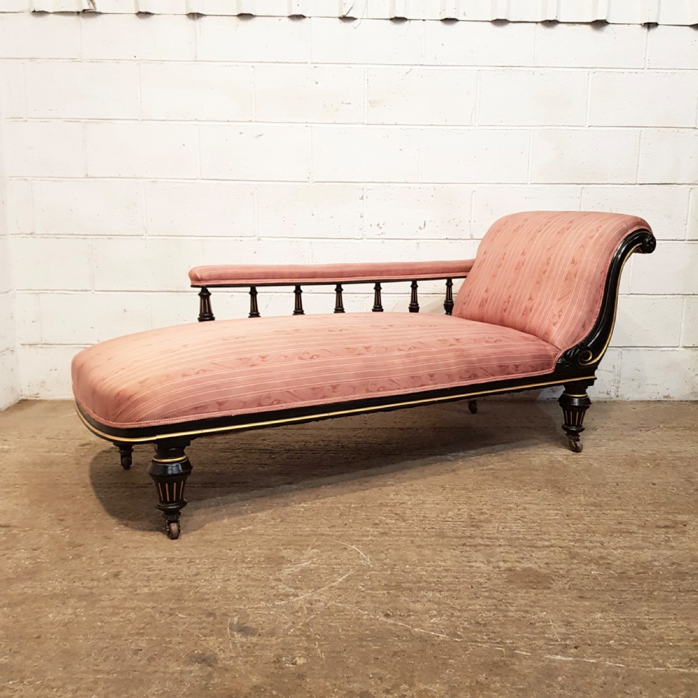 ANTIQUE LATE VICTORIAN EBONISED & GILT FRAMED CHAISE LONGUE C1890 View VII