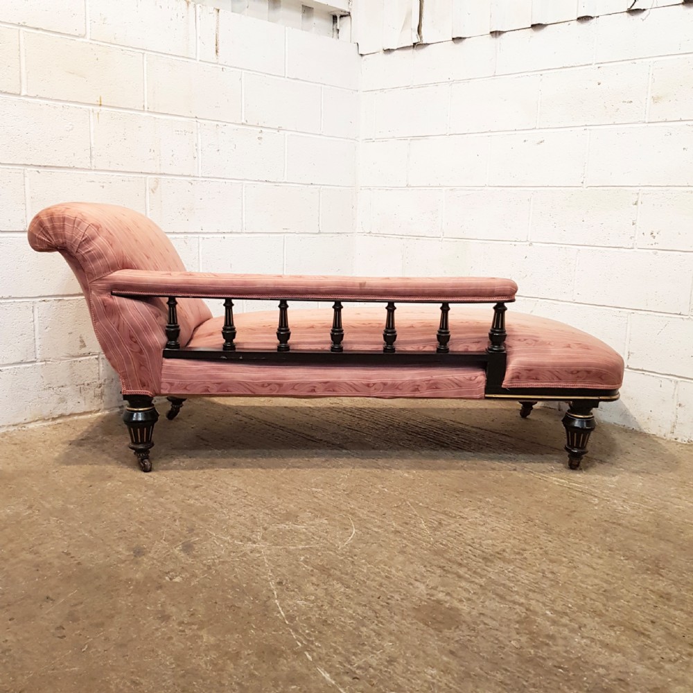 ANTIQUE LATE VICTORIAN EBONISED & GILT FRAMED CHAISE LONGUE C1890 View VIII