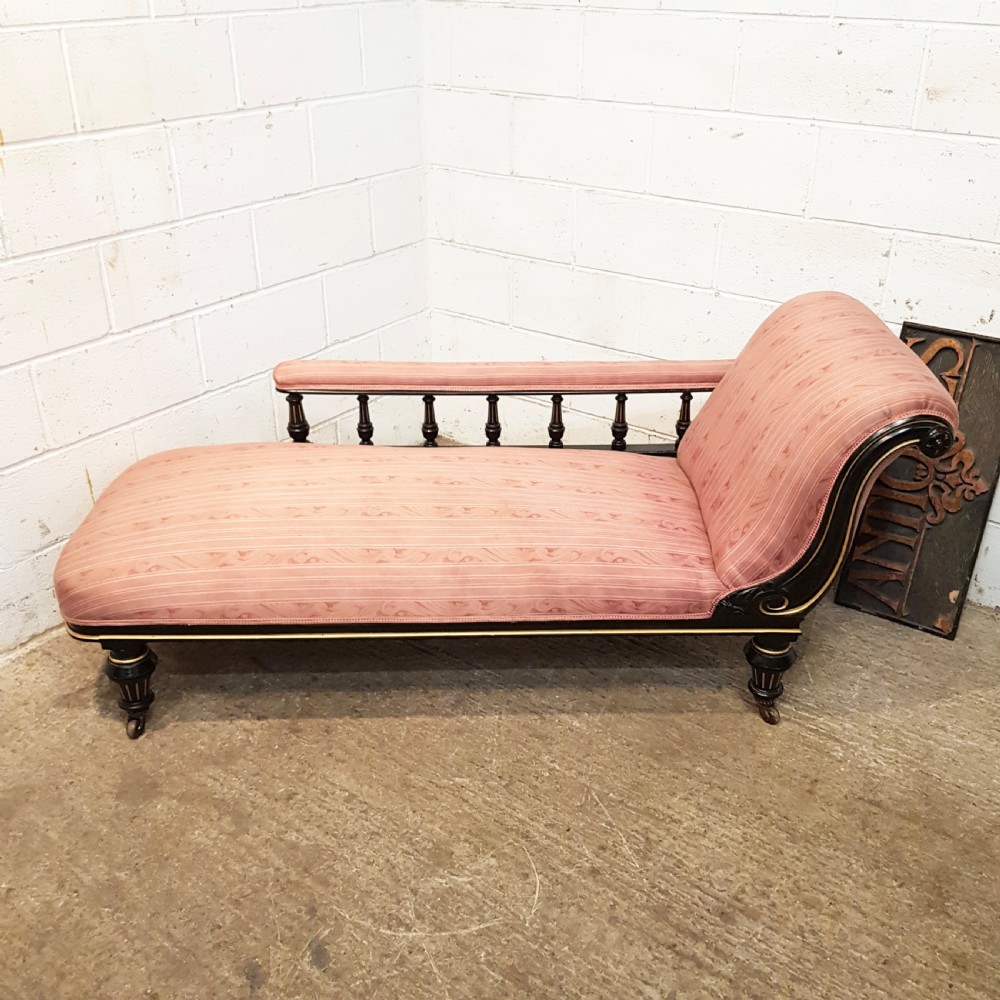 ANTIQUE LATE VICTORIAN EBONISED & GILT FRAMED CHAISE LONGUE C1890 View IX