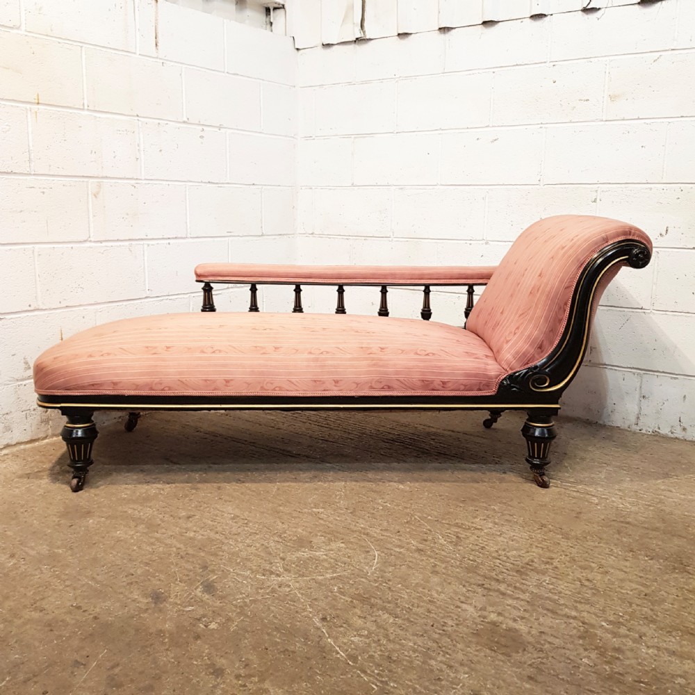 ANTIQUE LATE VICTORIAN EBONISED & GILT FRAMED CHAISE LONGUE C1890 View XI