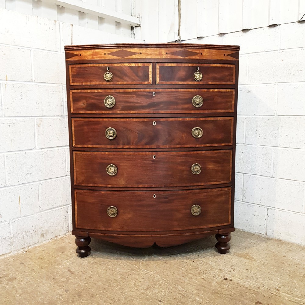 ANTIQUE REGENCY MAHOGANY INLAID LARGE BOW FRONT CHEST OF DRAWERS C1820 View III