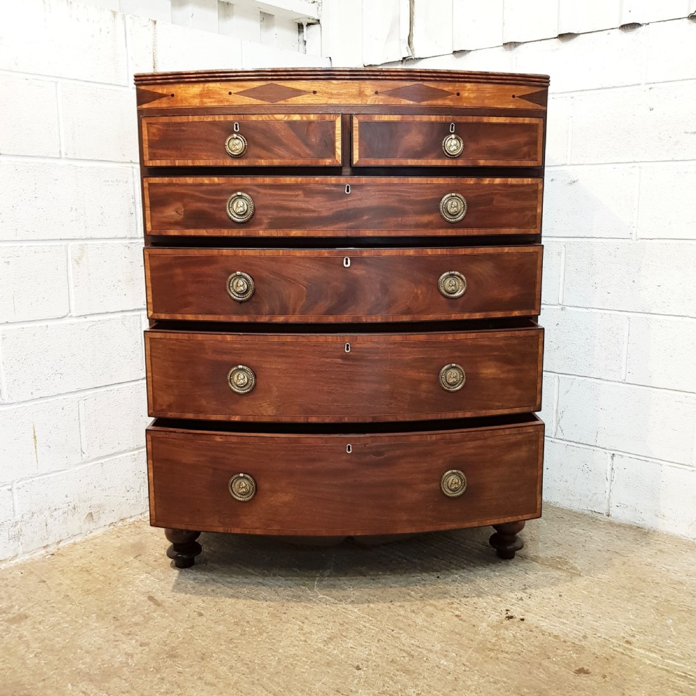 ANTIQUE REGENCY MAHOGANY INLAID LARGE BOW FRONT CHEST OF DRAWERS C1820 View IV