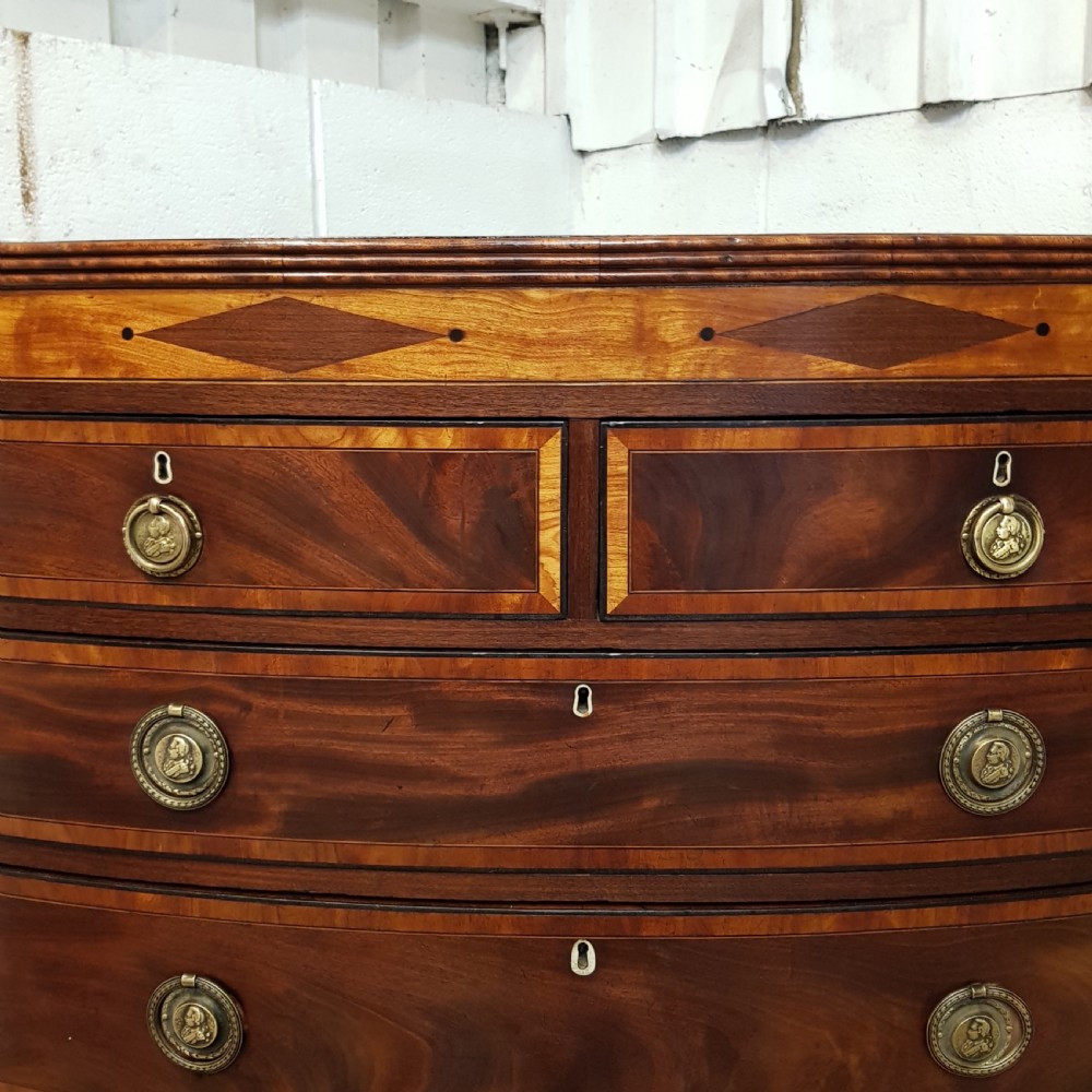 ANTIQUE REGENCY MAHOGANY INLAID LARGE BOW FRONT CHEST OF DRAWERS C1820 View V