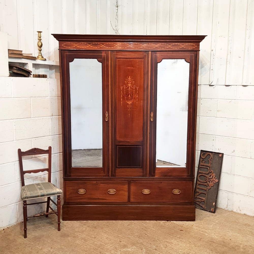 ANTIQUE EDWARDIAN INLAID MAHOGANY DOUBLE WARDROBE C1900