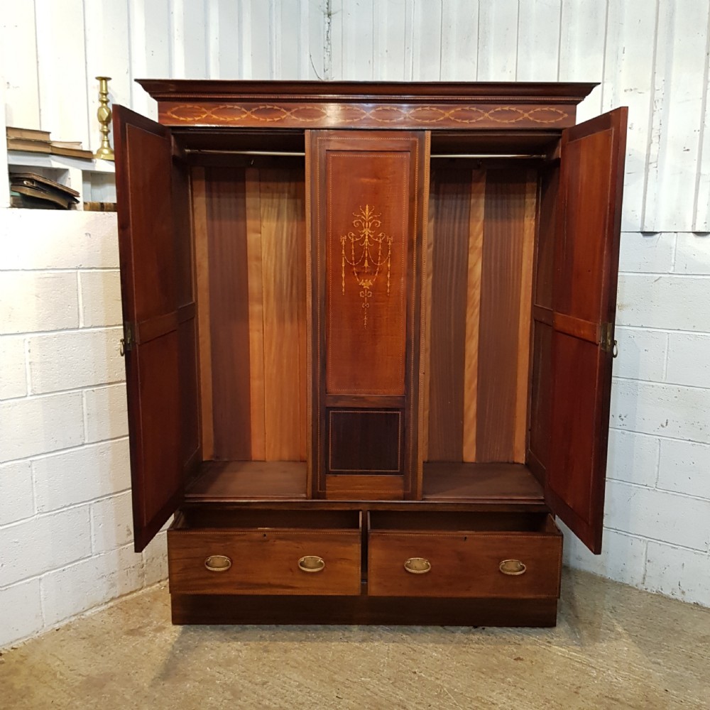 ANTIQUE EDWARDIAN INLAID MAHOGANY DOUBLE WARDROBE C1900 View III