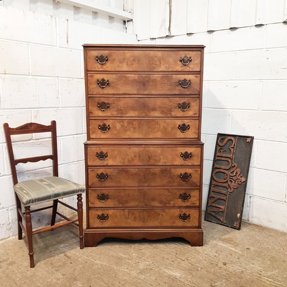 ANTIQUE BURR WALNUT CHEST ON CHEST OF DRAWERS C1920