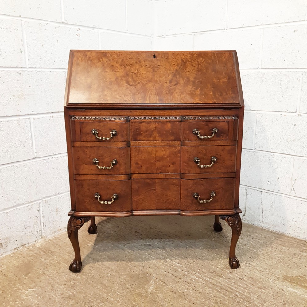 ANTIQUE BURR WALNUT SERPENTINE SHAPED BUREAU BY MAPLES & CO. C1920 View IV