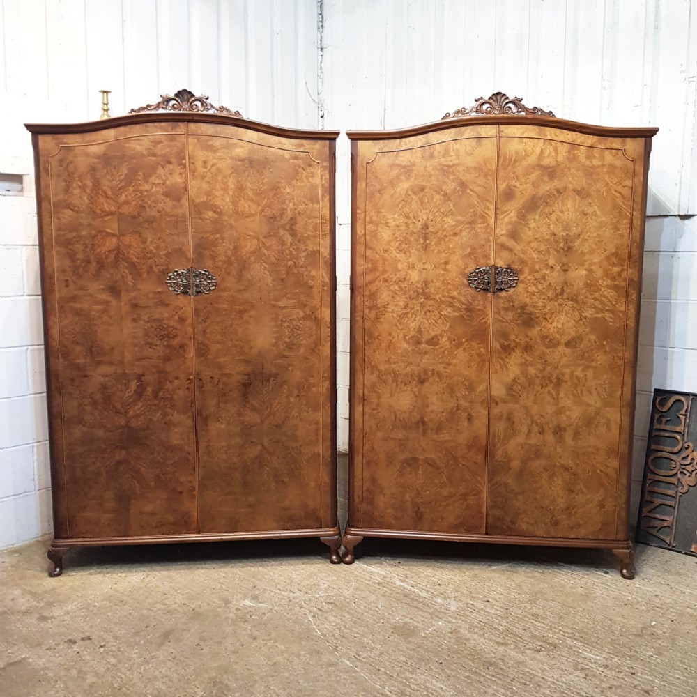 ANTIQUE PAIR BURR WALNUT DOUBLE WARDROBES C1920