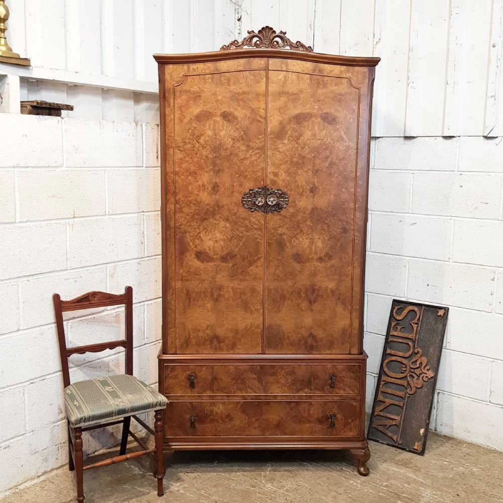 ANTIQUE BURR WALNUT FITTED WARDROBE TALLBOY  C1920