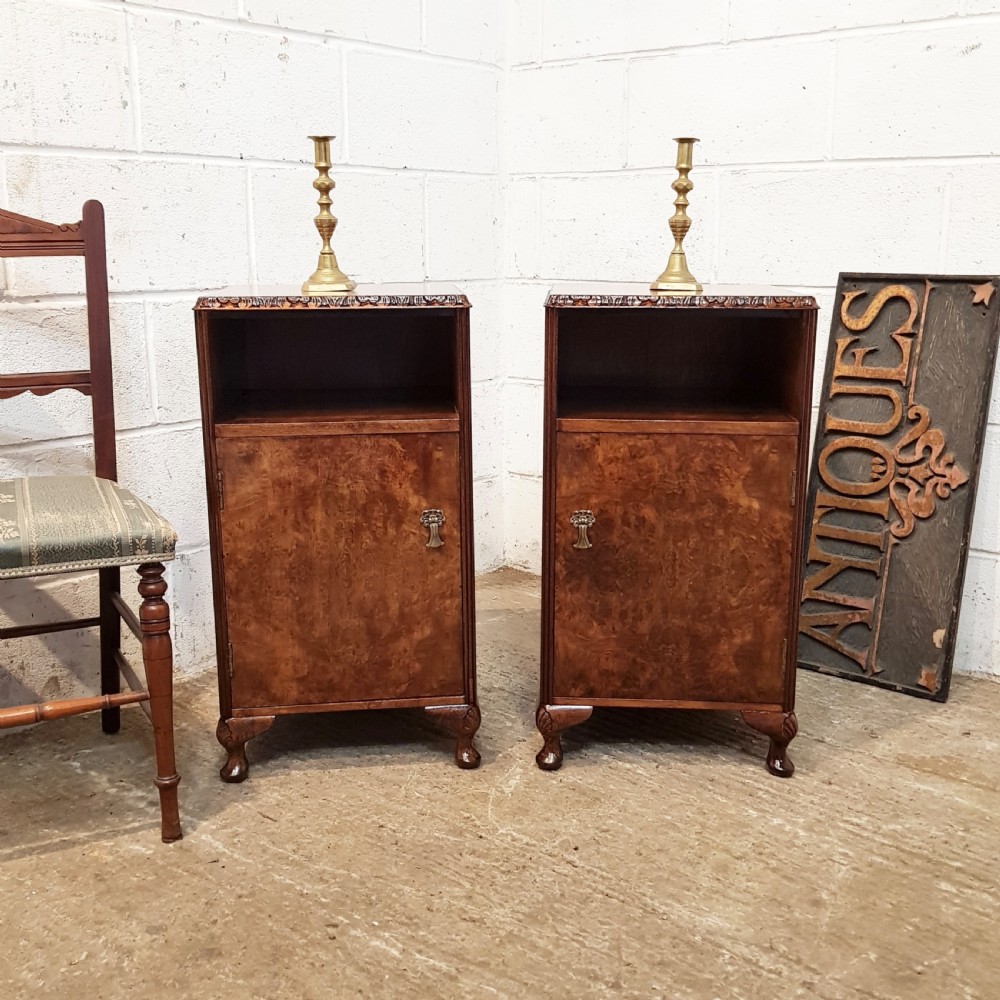 ANTIQUE PAIR BURR WALNUT BEDSIDE CABINETS C1920