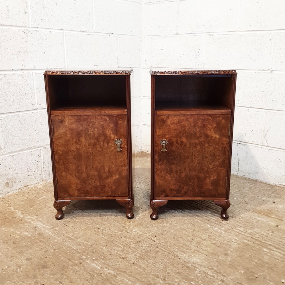 ANTIQUE PAIR BURR WALNUT BEDSIDE CABINETS C1920 View V