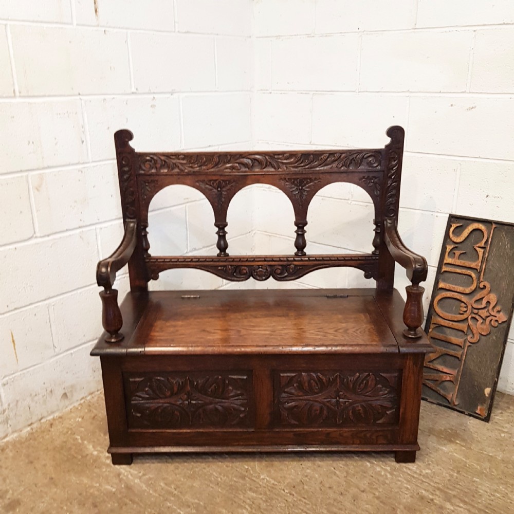 ANTIQUE EDWARDIAN CARVED OAK BOX SETTLE BENCH C1910