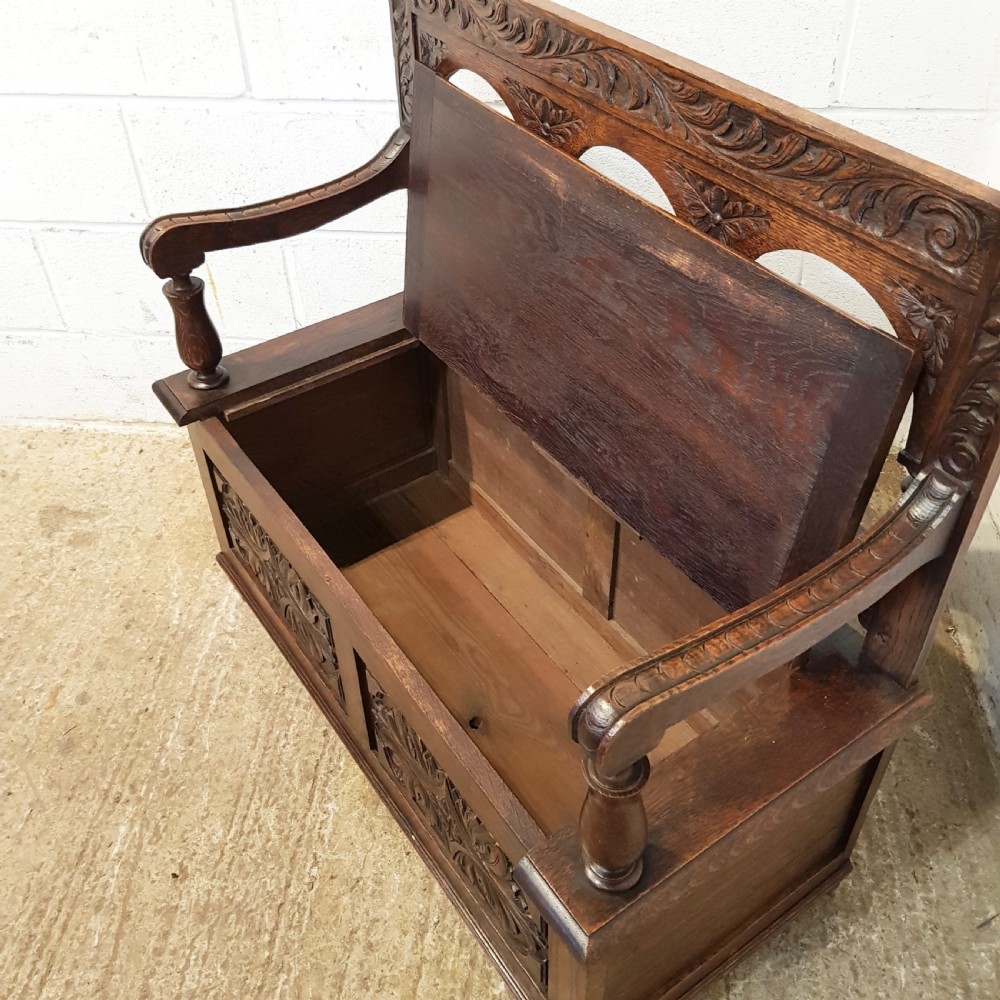 ANTIQUE EDWARDIAN CARVED OAK BOX SETTLE BENCH C1910 View II