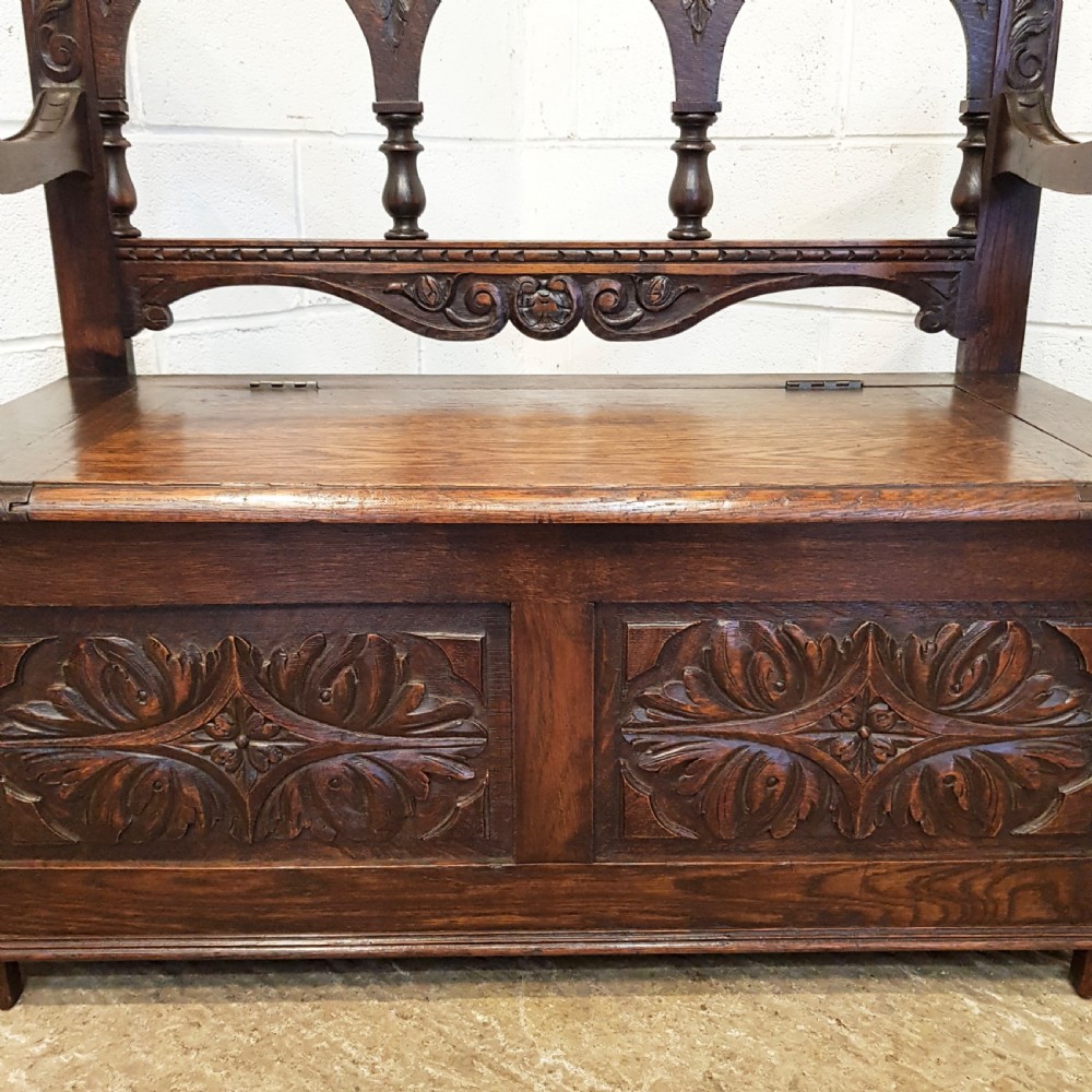 ANTIQUE EDWARDIAN CARVED OAK BOX SETTLE BENCH C1910 View III