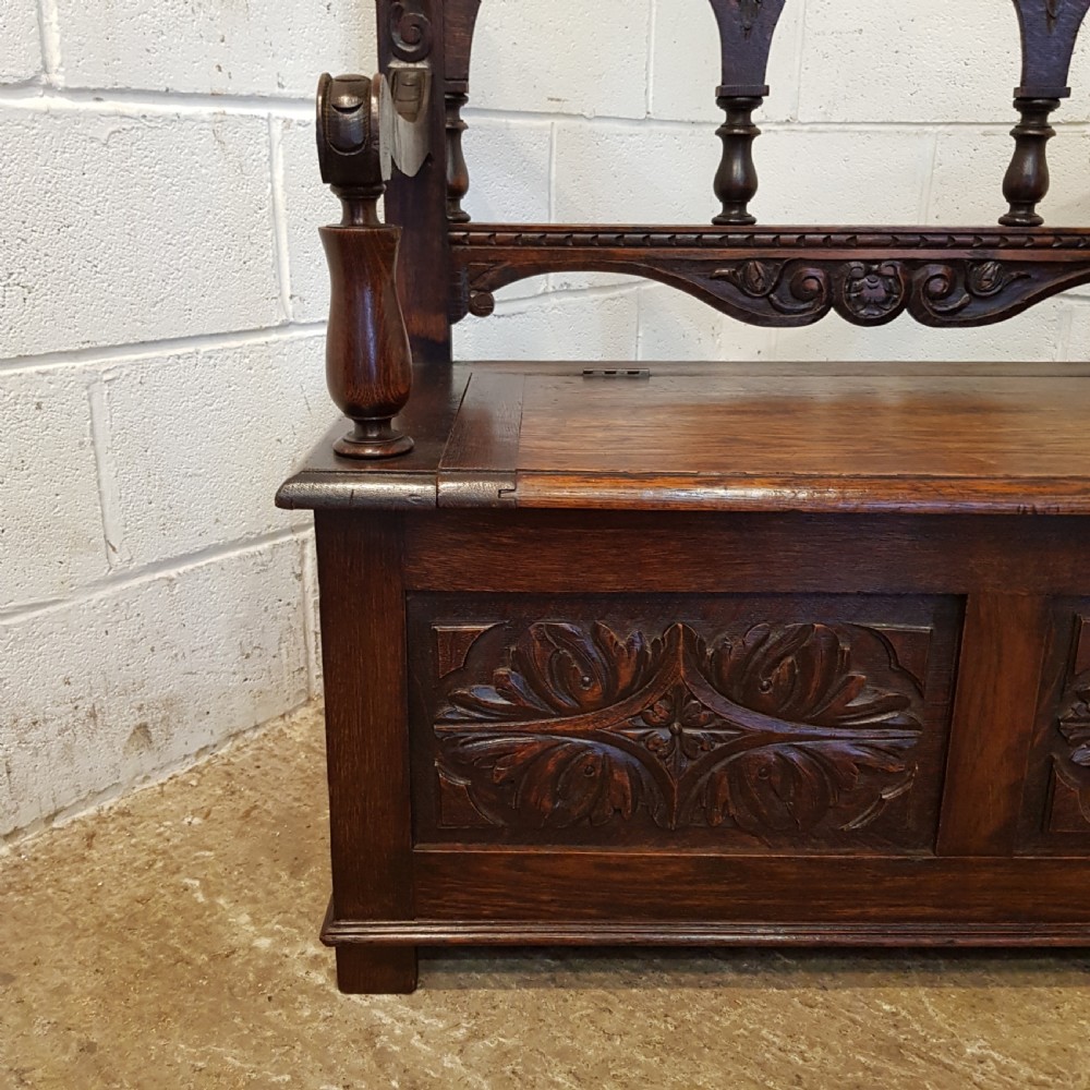 ANTIQUE EDWARDIAN CARVED OAK BOX SETTLE BENCH C1910 View IV