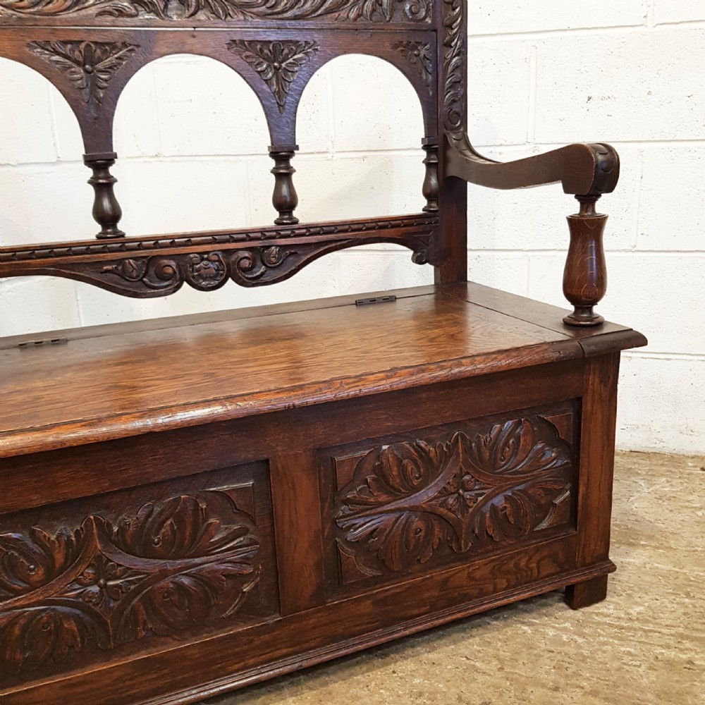 ANTIQUE EDWARDIAN CARVED OAK BOX SETTLE BENCH C1910 View V