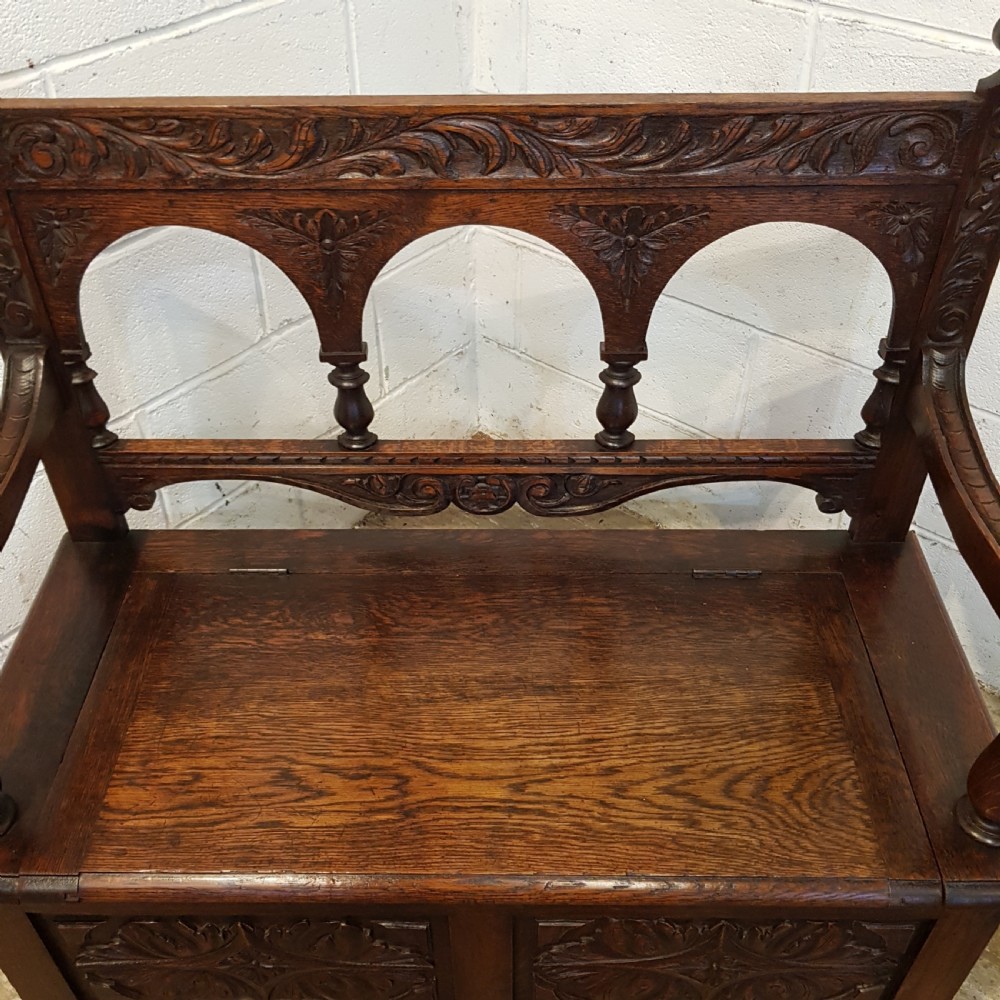 ANTIQUE EDWARDIAN CARVED OAK BOX SETTLE BENCH C1910 View VI