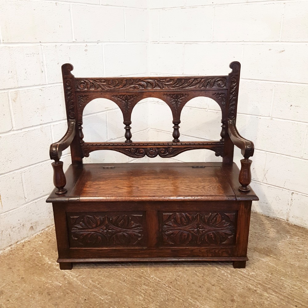 ANTIQUE EDWARDIAN CARVED OAK BOX SETTLE BENCH C1910 View VII