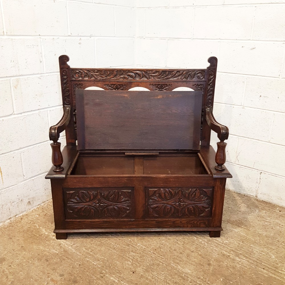 ANTIQUE EDWARDIAN CARVED OAK BOX SETTLE BENCH C1910 View VIII