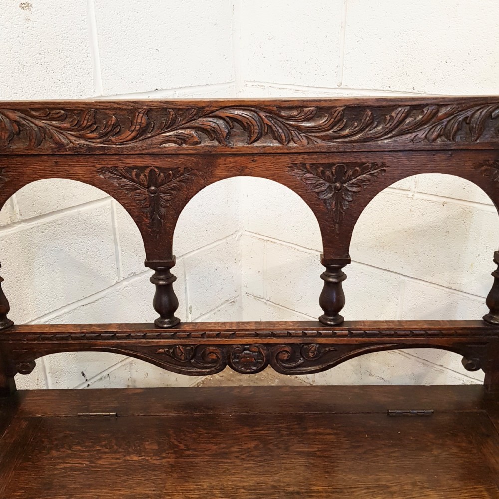 ANTIQUE EDWARDIAN CARVED OAK BOX SETTLE BENCH C1910 View IX