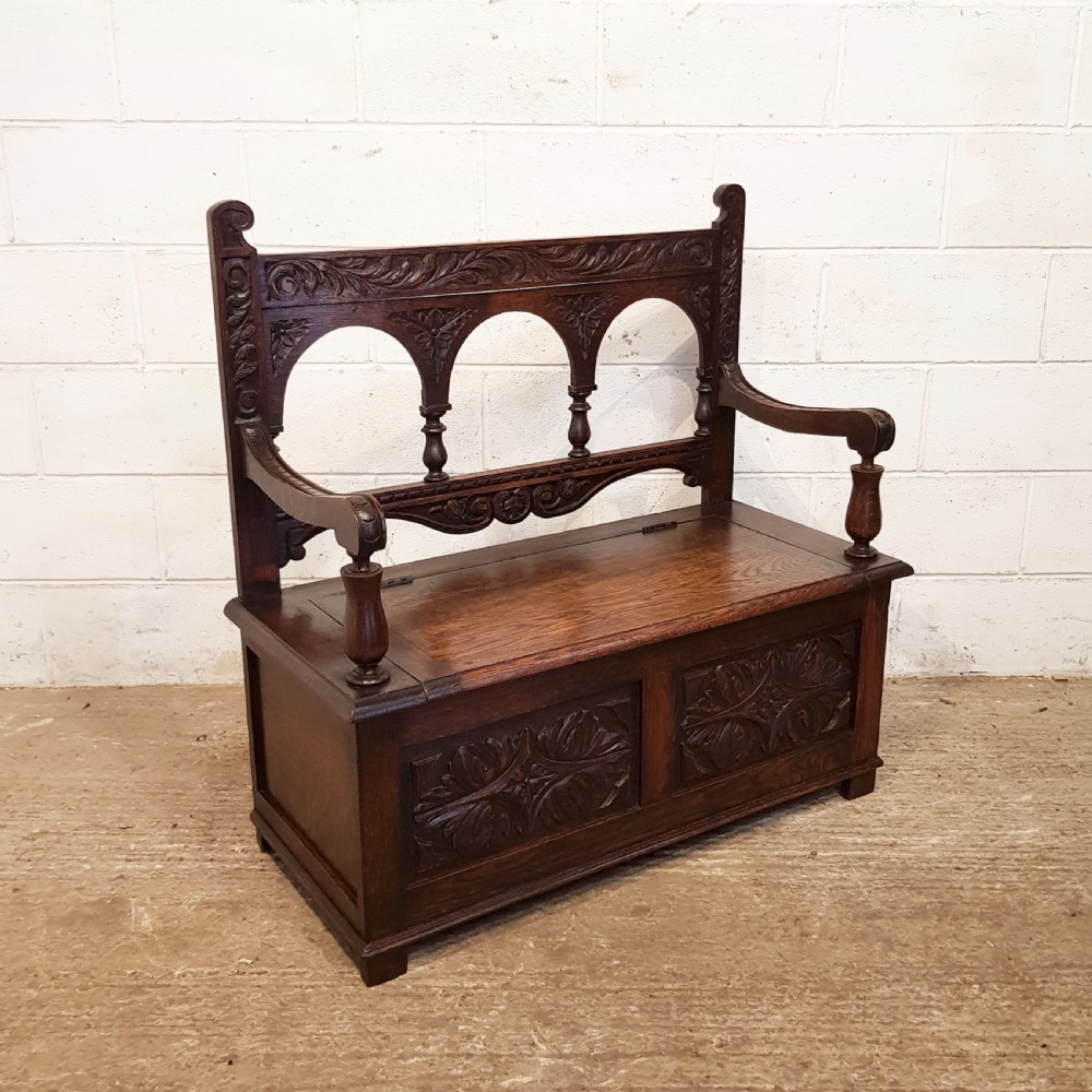 ANTIQUE EDWARDIAN CARVED OAK BOX SETTLE BENCH C1910 View X