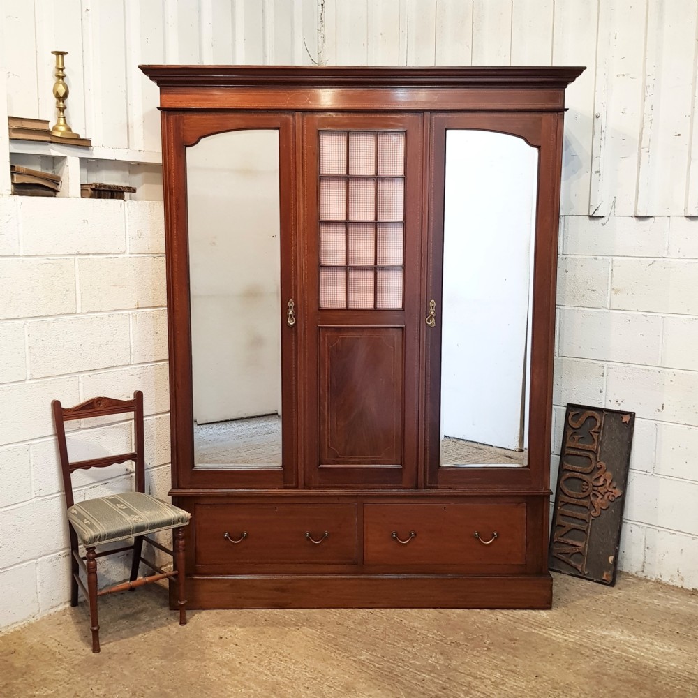 ANTIQUE EDWARDIAN MAHOGANY INLAID TRIPLE WARDROBE C1900