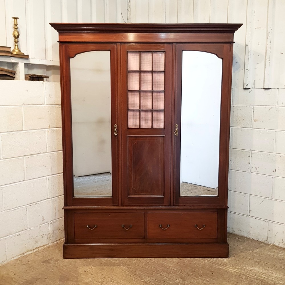 ANTIQUE EDWARDIAN MAHOGANY INLAID TRIPLE WARDROBE C1900 View V
