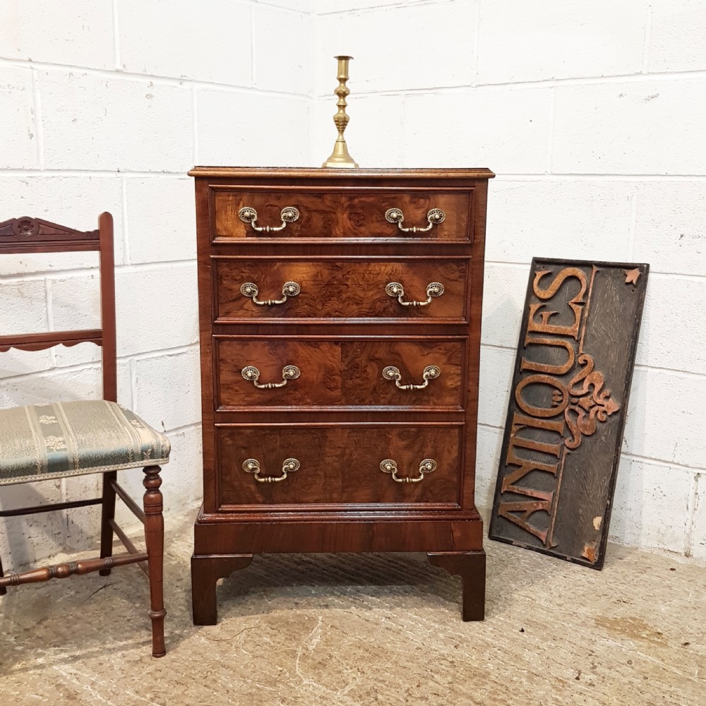 ANTIQUE EDWARDIAN NARROW BURR WALNUT CHEST OF DRAWERS C1900
