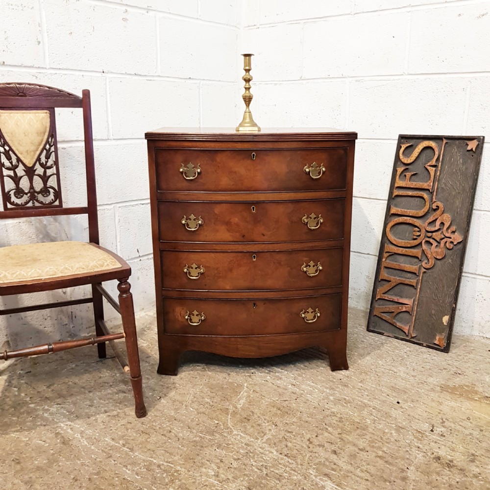 ANTIQUE BURR WALNUT BOW FRONT DWARF CHEST OF DRAWERS C1920