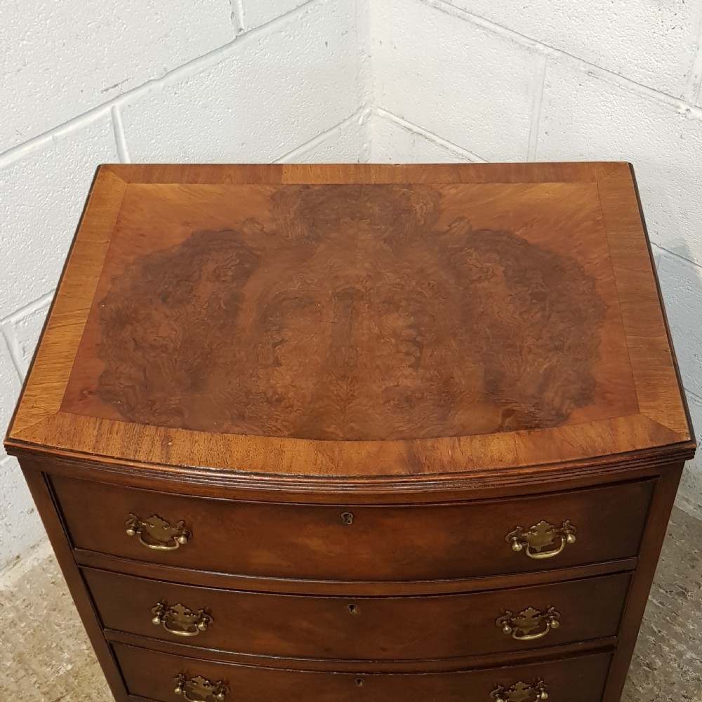ANTIQUE BURR WALNUT BOW FRONT DWARF CHEST OF DRAWERS C1920 View IV