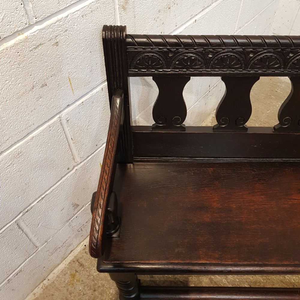 ANTIQUE VICTORIAN CARVED OAK HALL BENCH C1860 View VI