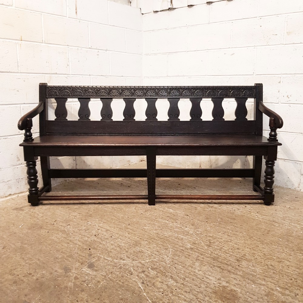 ANTIQUE VICTORIAN CARVED OAK HALL BENCH C1860 View IX