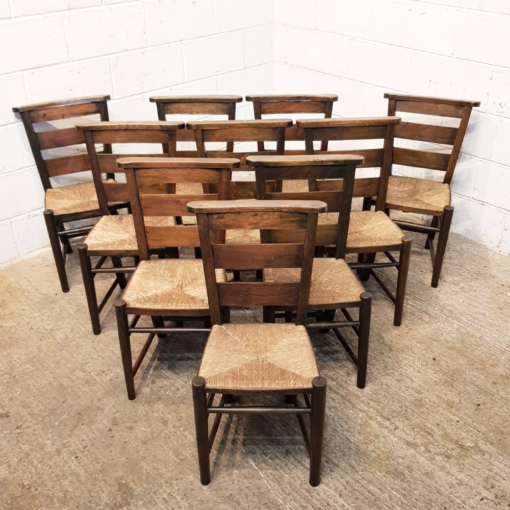 ANTIQUE SET OF TEN VICTORIAN OAK CHAPEL KITCHEN CHAIRS C1880