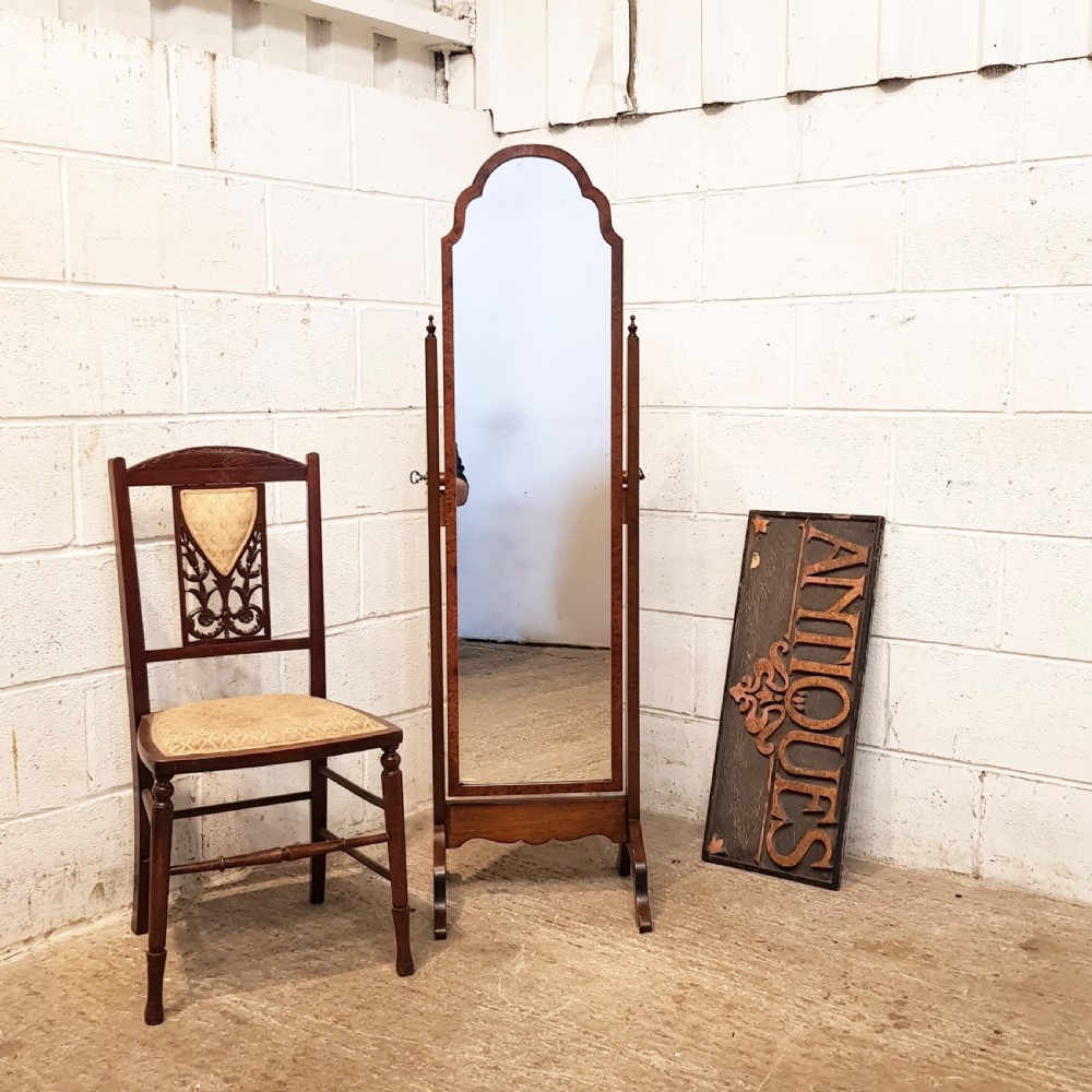 ANTIQUE BURR WALNUT CHEVAL MIRROR C1920